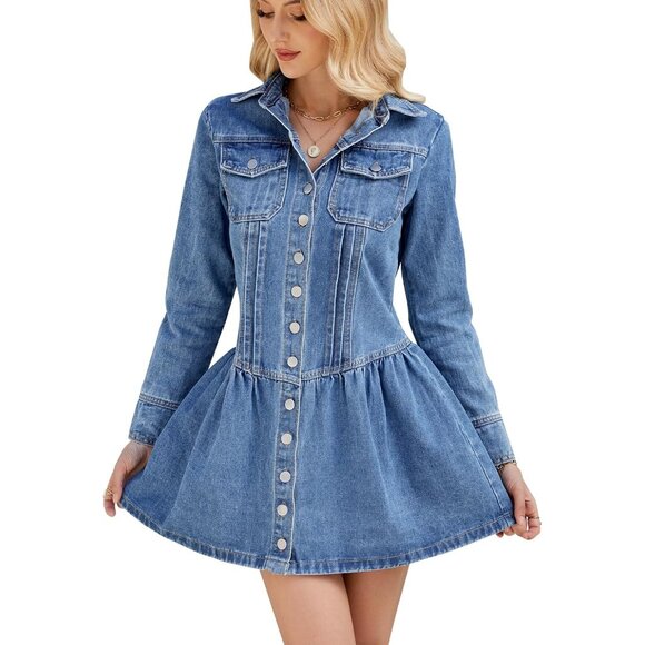 Women's Denim Mini Dress Slim Fit V-Neck Button Long Sleeve Casual - Picture 1 of 6